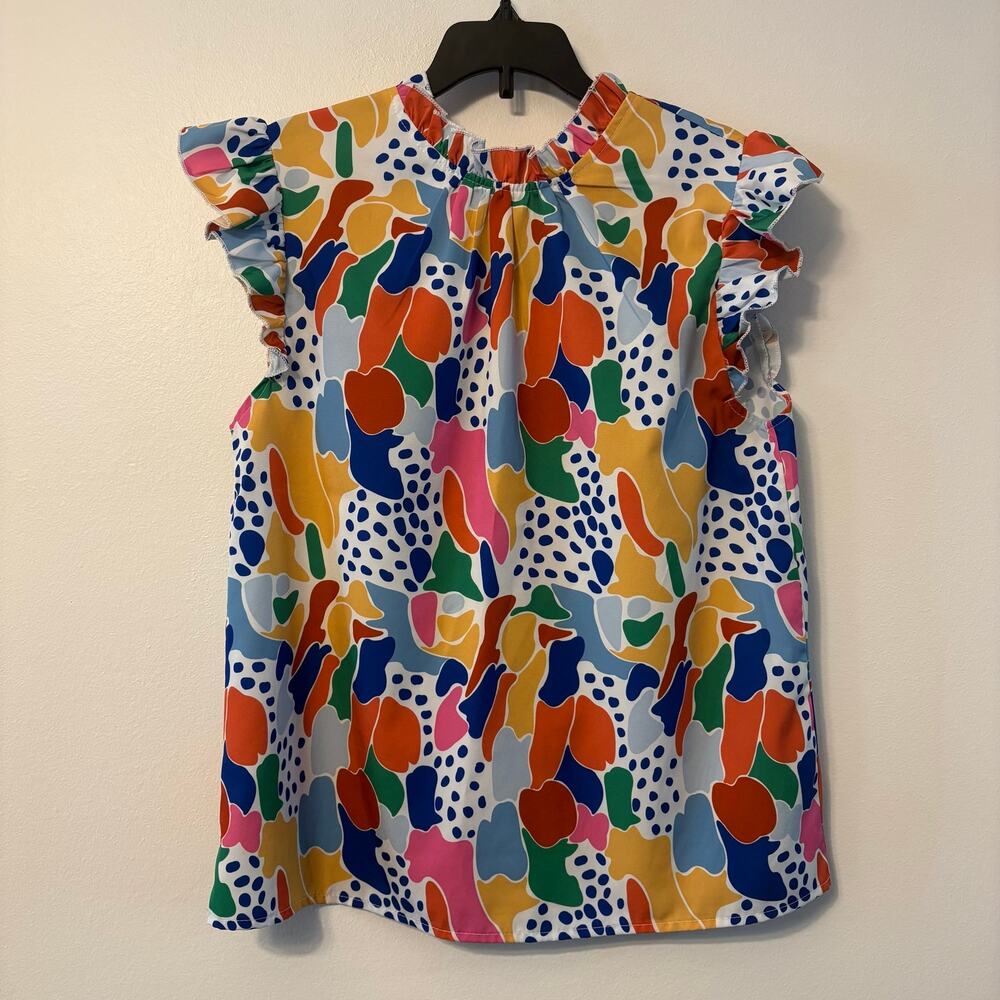 Emery Rose Abstract Colorful Print Ruffle Mock Neck Blouse Women Size S SHEIN